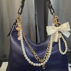 Pearl and Gold Bag Charm and Keychain Set Bow Heart Floral Accents